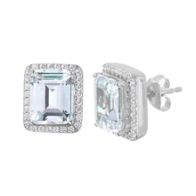 Load image into Gallery viewer, Sterling Silver Rhodium Plated Fancy Emerald Cut Clear Cz with Pave Halo Setting Friction Back Stud, Earring Dimensions of 13MMX11MM