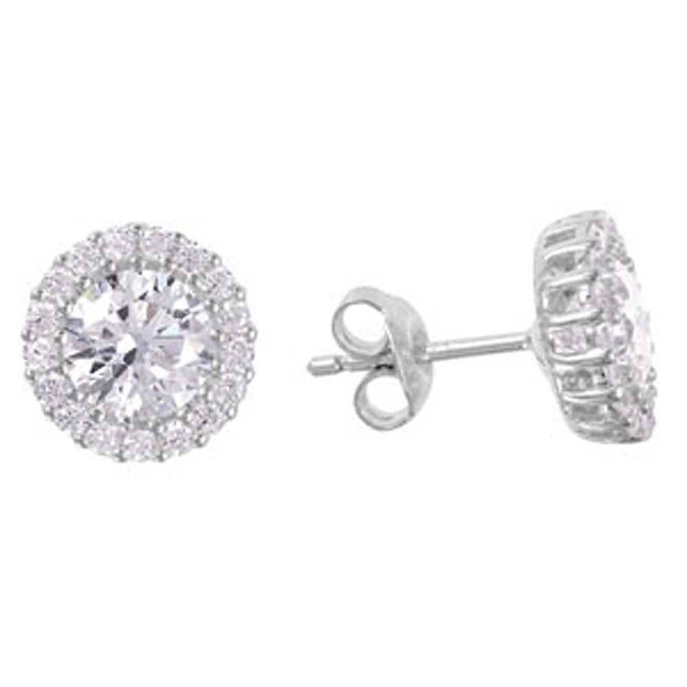 Sterling Silver Rhodium Plated Large Round Cut Clear Cz with Pave Halo Setting Stud EarringAnd Friction Back PostAnd Earring Dimensions of 11MMx11MM