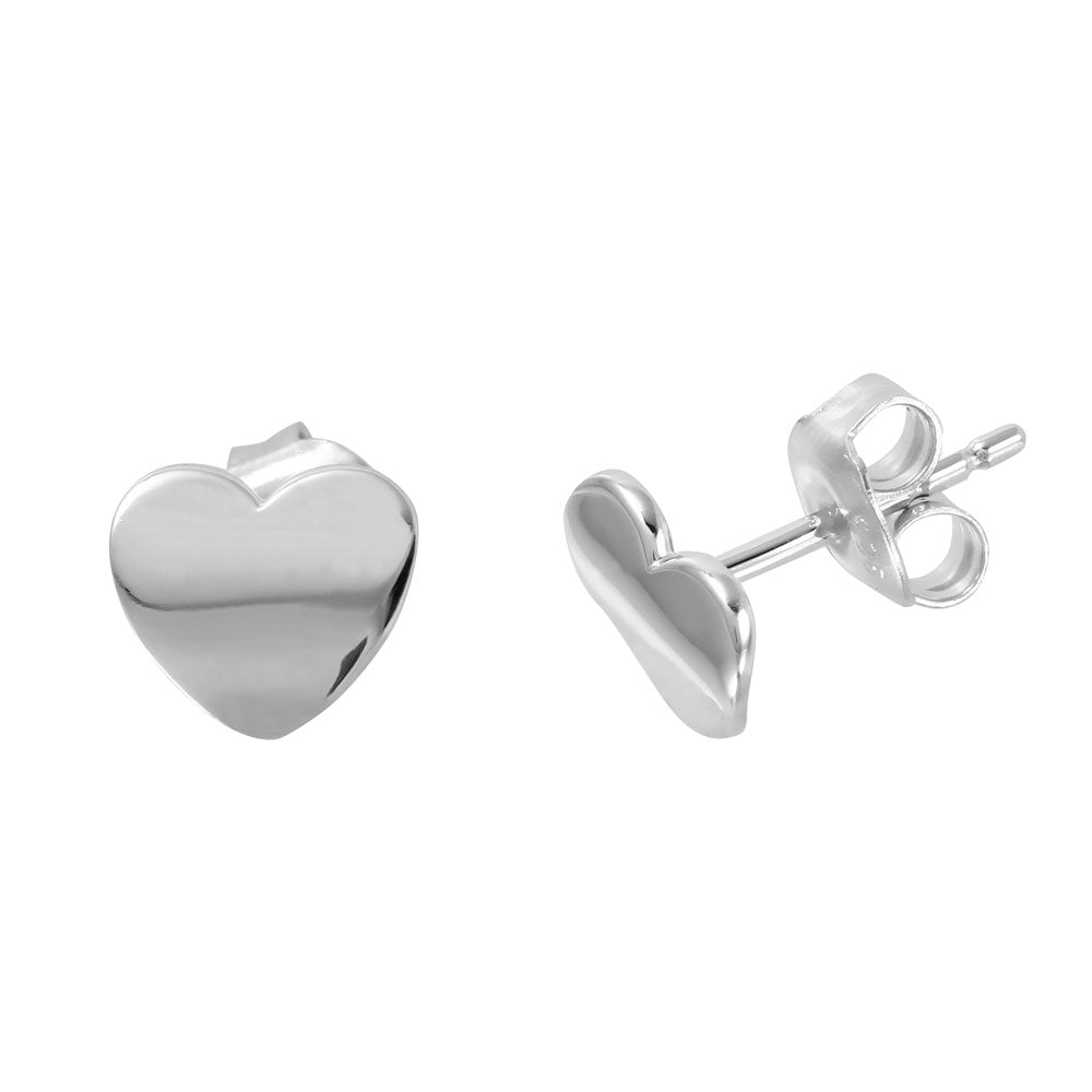 Sterling Silver Rhodium Plated Trendy Flat Heart Shaped Stud Earring with Friction Back PostAnd Earring Dimensions of 8MMx8MMAnd