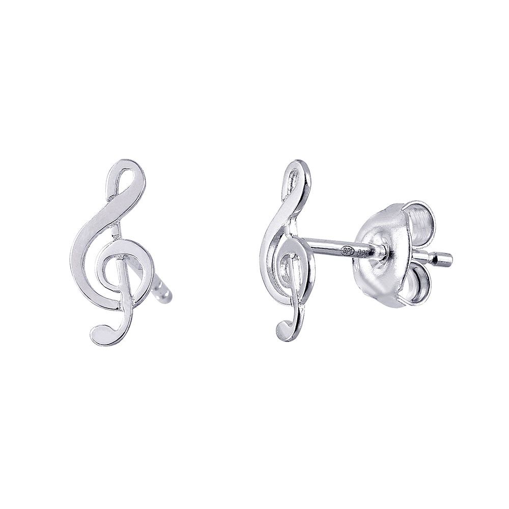 Sterling Silver Rhodium Plated Fancy Music Treble Clef Shaped Stud Earring with Friction Back PostAnd Earring Dimensions of 11MMx5MM