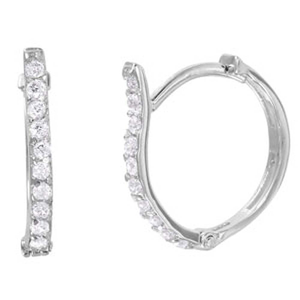 Sterling Silver Rhodium Plated Fancy Shape Hoop Earring with Clear Cz AccentAnd Earring Dimensions of 14MMx2MM