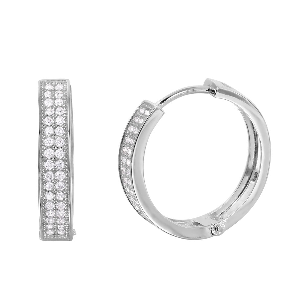 Sterling Silver Rhodium Plated Modish Micro Pave Clear Cz Huggie Hoop Earring