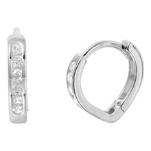 Load image into Gallery viewer, Sterling Silver Rhodium Plated Fancy V-Shaped Huggie Hoop Earring with Clear Cz on Channel SettingAnd Earring Dimensions of 13MMx2MM
