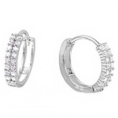 Sterling Silver Rhodium Plated Hinged Clear Cz Huggie Hoop Earring with Earring Dimensions of 14MMx3MM