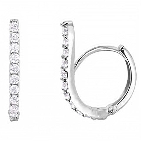 Sterling Silver Rhodium Plated Fancy Pave Swoop Hoop Earring