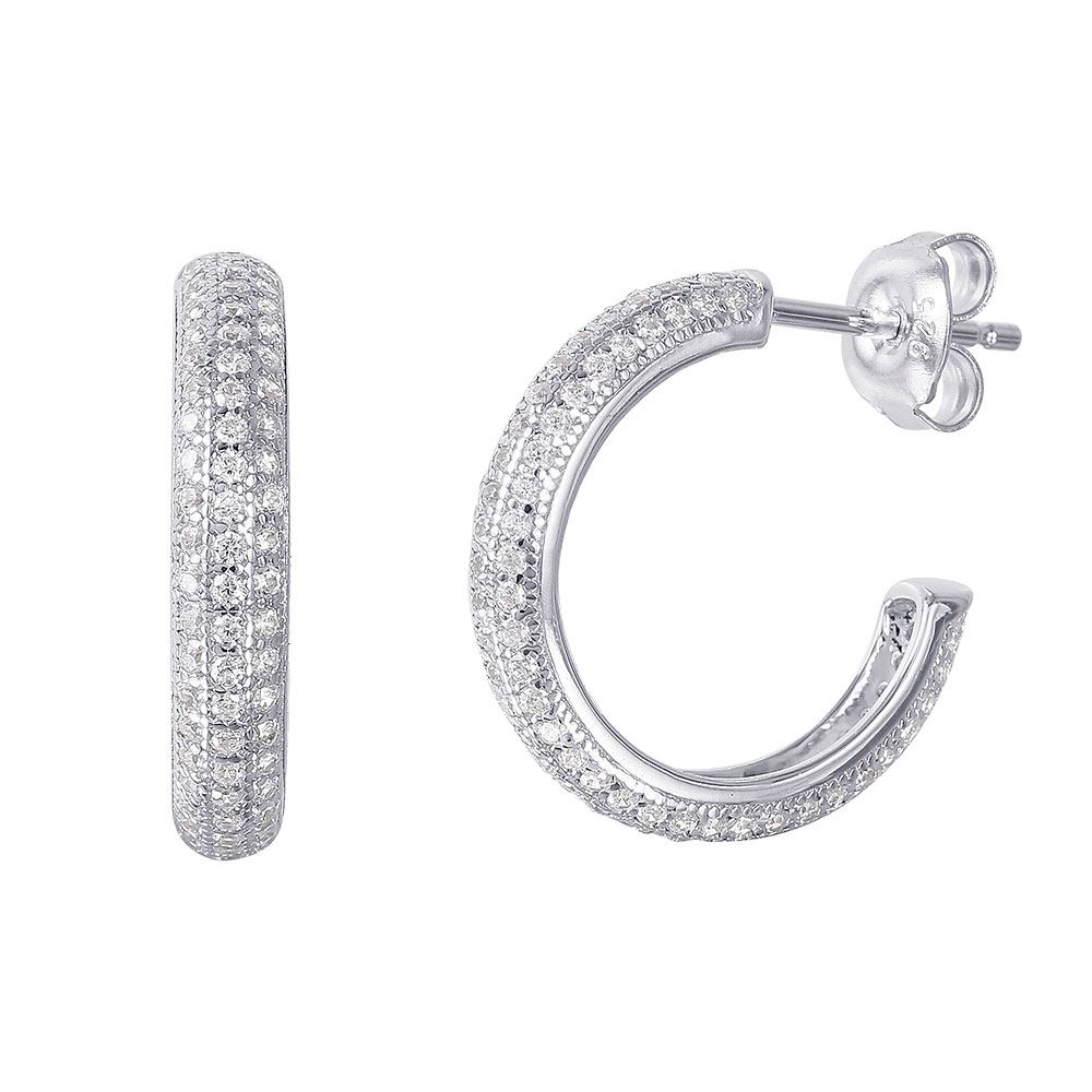 Sterling Silver Rhodium Plated Classy Micro Pave Half Hoop Stud Earring with Friction Back PostAnd Earring Dimensions of 17MMx3MM