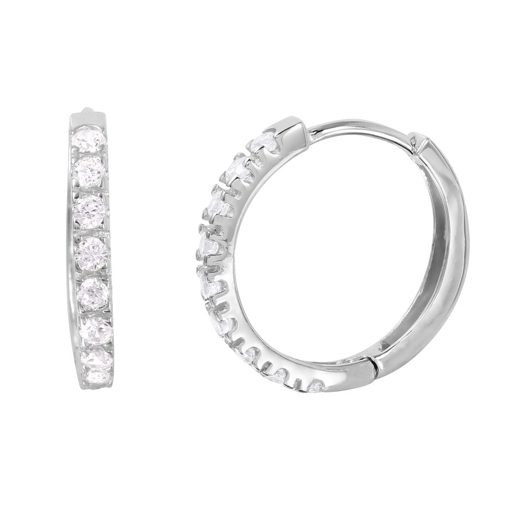 Sterling Silver Rhodium Plated Round Clear Cz Accent Hoop Earring with Earring Dimensions of 15MMx2MM