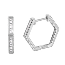Load image into Gallery viewer, Sterling Silver Rhodium Plated Delicate Pave Octagon Hoop EarringAnd Earring Dimensions of 15MMx2MM