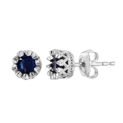 Sterling Silver Rhodium Plated Crown Set Studs With Blue CZ Stone