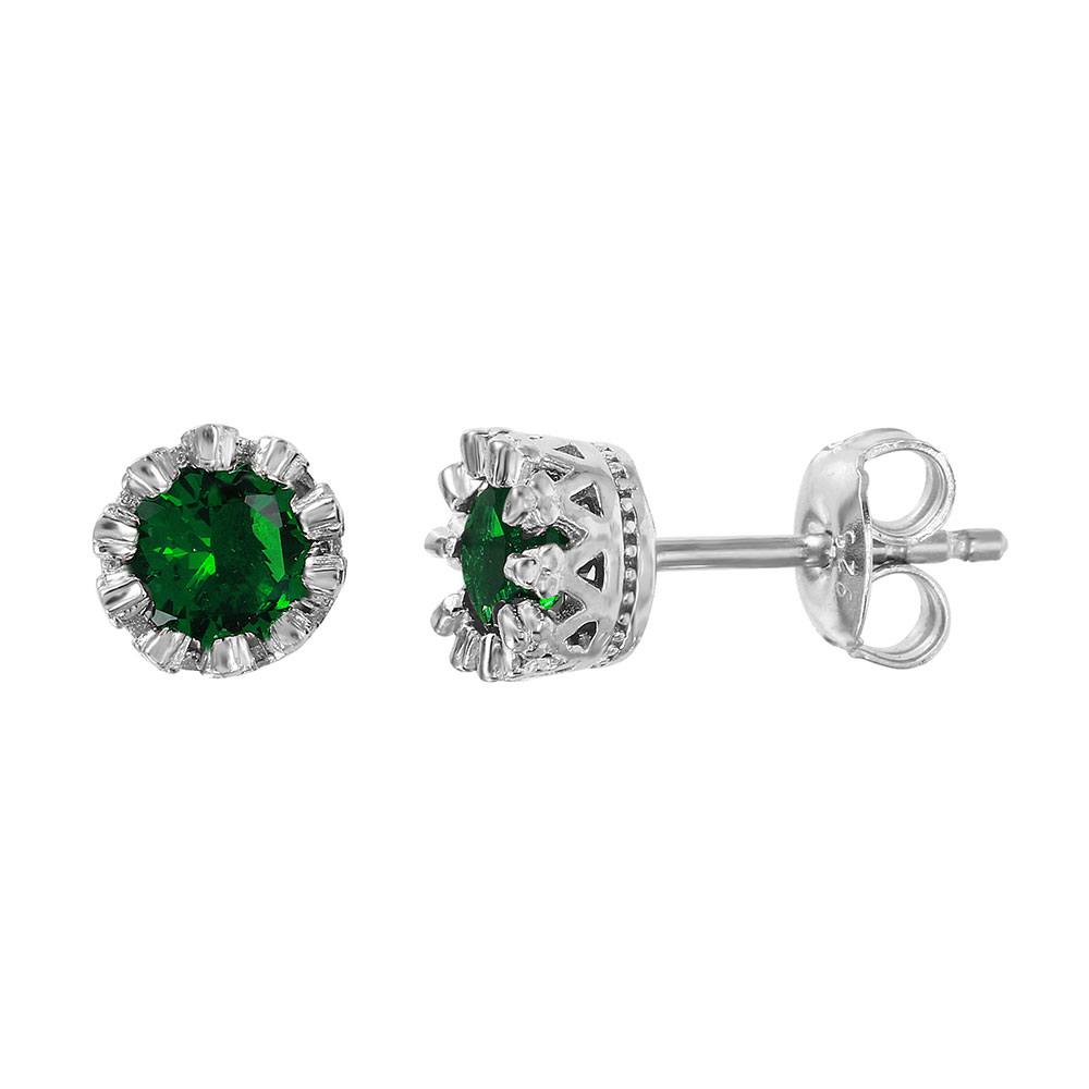 Sterling Silver Rhodium Plated Crown Set Studs With Green CZ Stone  Earrings