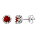 Sterling Silver Rhodium Plated Crown Design with Round Red CZ Stud Earrings and Friction Back Post