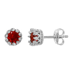 Sterling Silver Rhodium Plated Crown Design with Round Red CZ Stud Earrings and Friction Back Post
