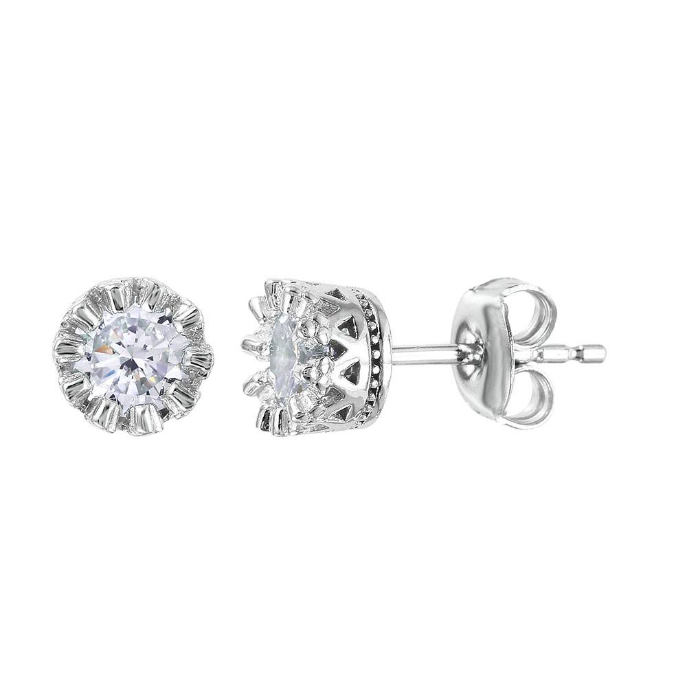 Sterling Silver Rhodium Plated Crown Set Studs With Clear CZ Stone  Earrings