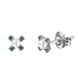 Sterling Silver Rhodium Plated Green CZ Flower Studs with Synthetic Pearl Earrings
