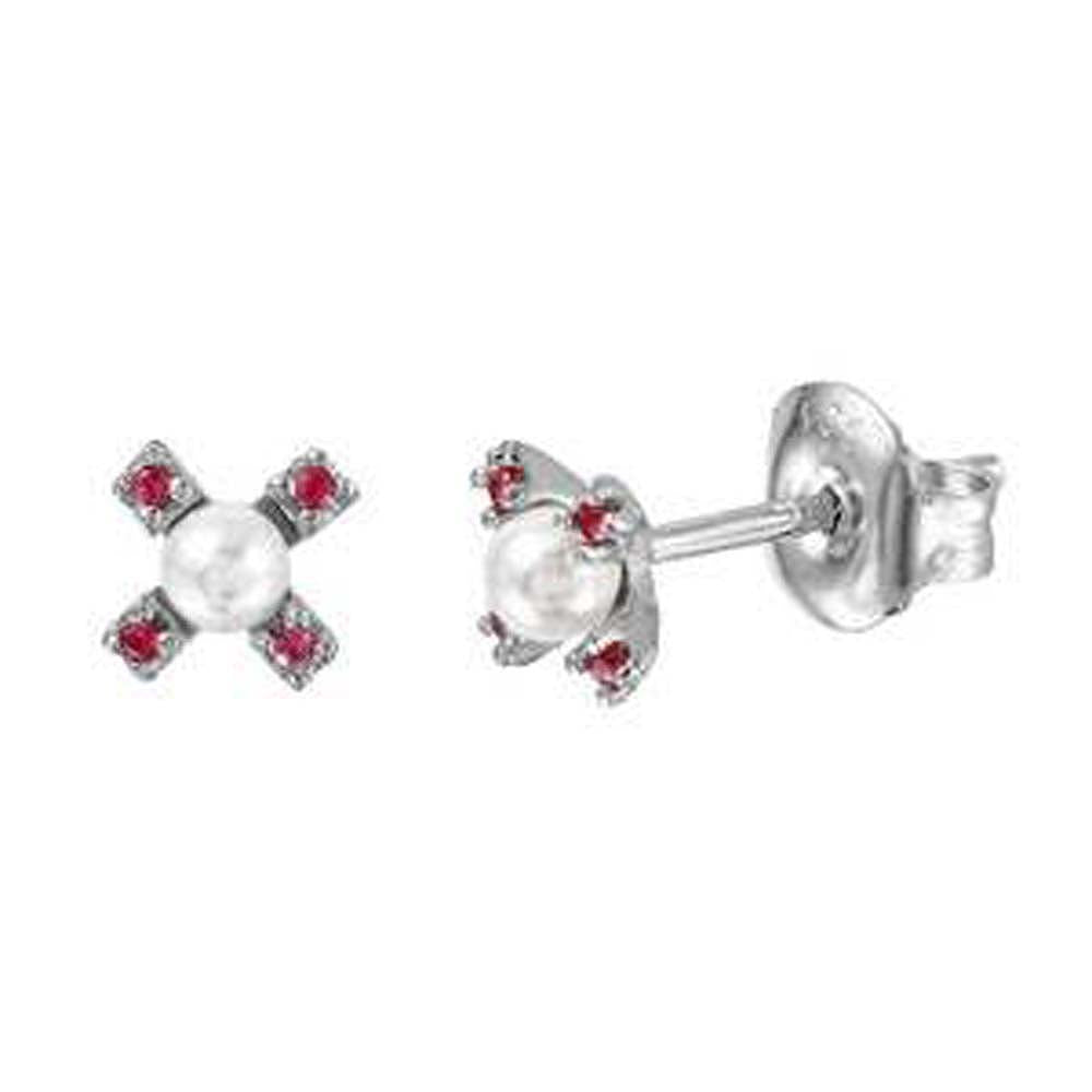 Sterling Silver Rhodium Plated Ruby CZ Flower Studs with Synthetic Pearl Earrings