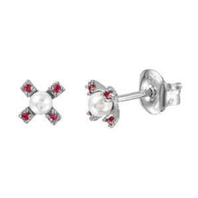 Load image into Gallery viewer, Sterling Silver Rhodium Plated Ruby CZ Flower Studs with Synthetic Pearl Earrings