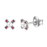 Sterling Silver Rhodium Plated Ruby CZ Flower Studs with Synthetic Pearl Earrings