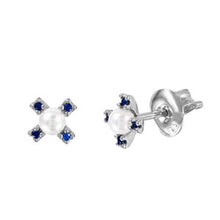 Load image into Gallery viewer, Sterling Silver Rhodium Plated Blue CZ Flower Stud Earrings with Synthetic White PearlAnd Friction Back Post