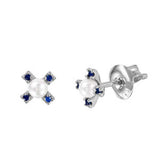 Sterling Silver Rhodium Plated Blue CZ Flower Stud Earrings with Synthetic White PearlAnd Friction Back Post