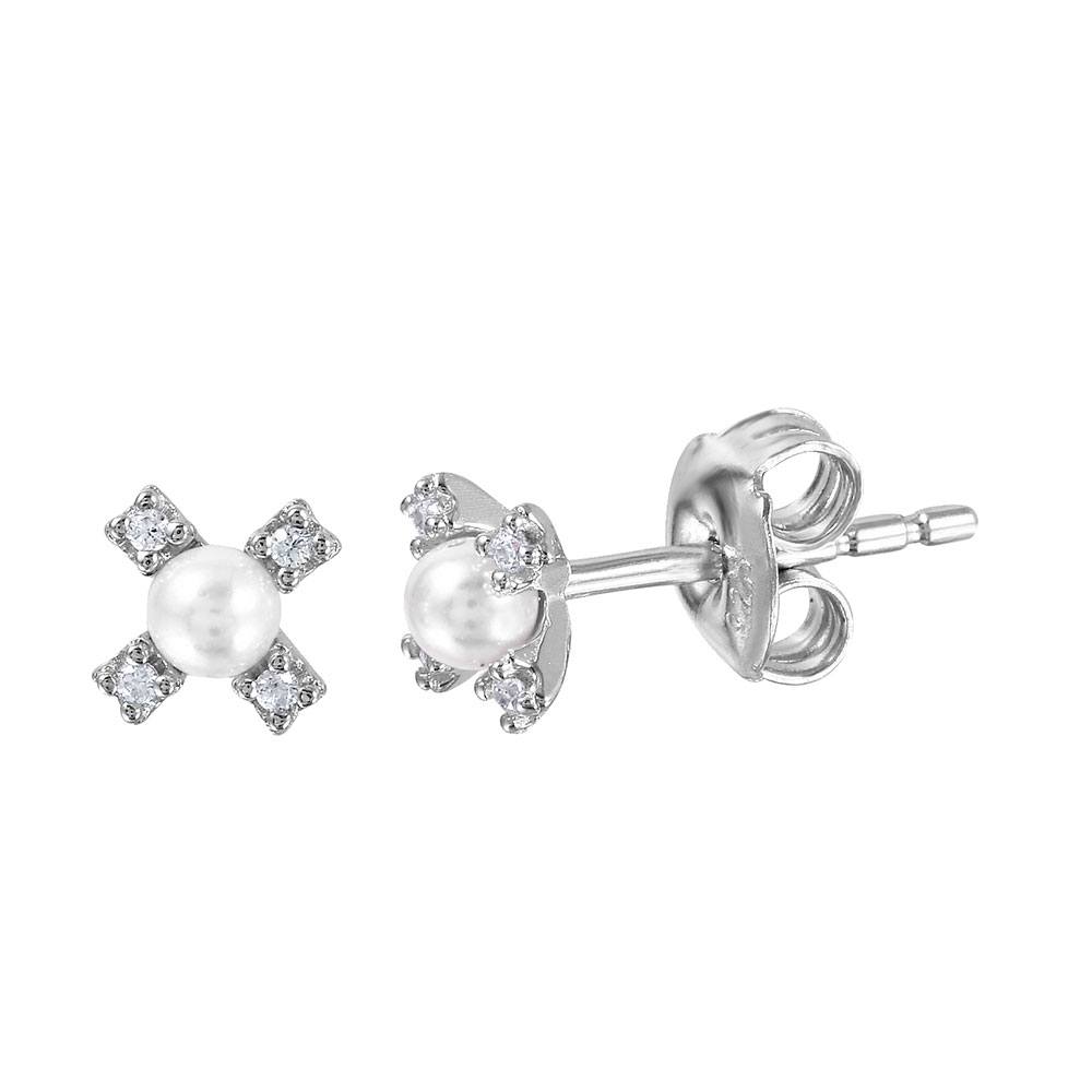 Sterling Silver Rhodium Plated Clear CZ Flower Stud Earrings with Synthetic White PearlAnd Friction Back Post