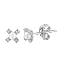 Load image into Gallery viewer, Sterling Silver Rhodium Plated Clear CZ Flower Stud Earrings with Synthetic White PearlAnd Friction Back Post
