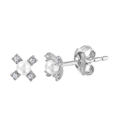 Sterling Silver Rhodium Plated Clear CZ Flower Stud Earrings with Synthetic White PearlAnd Friction Back Post