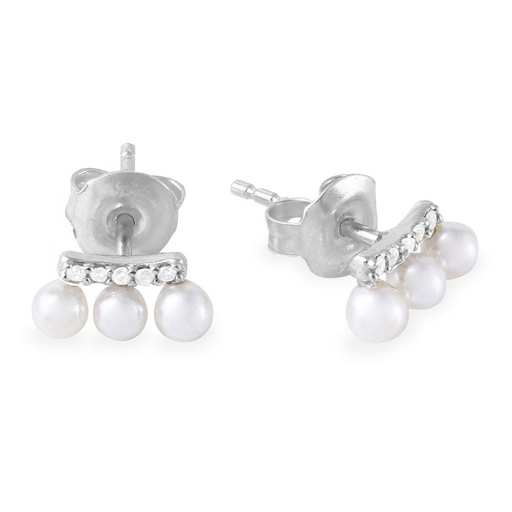 Sterling Silver Rhodium Plated Trio Fresh Water Pearl with CZ Earring
