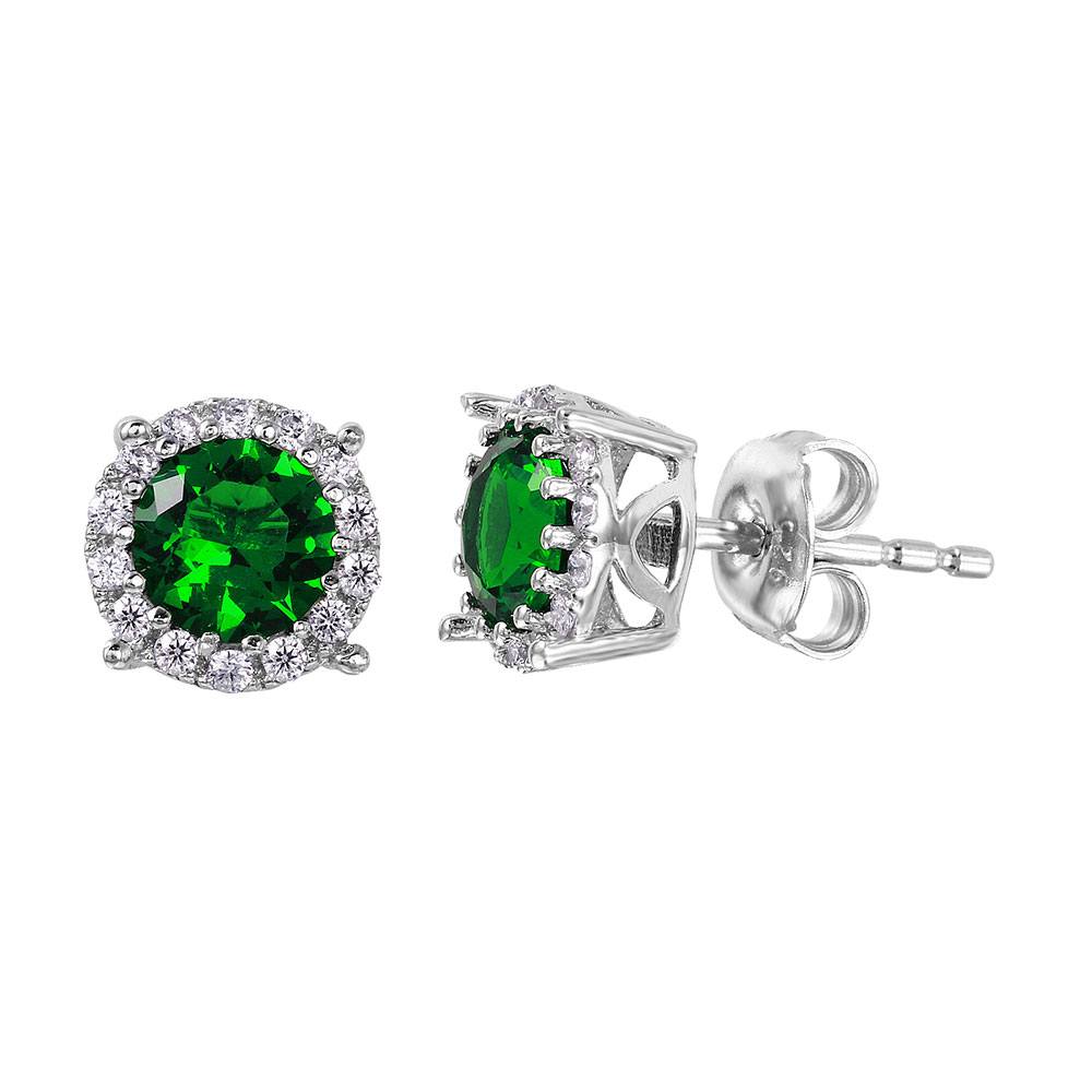 Sterling Silver Rhodium Plated Halo Studs With Green CZ Stone Earrings