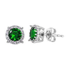 Sterling Silver Rhodium Plated Halo Studs With Green CZ Stone Earrings