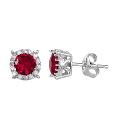 Sterling Silver Rhodium Plated Halo Studs With Red CZ Stone