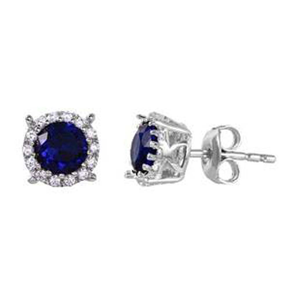 Sterling Silver Rhodium Plated Halo Studs With Blue CZ Stone Earrings