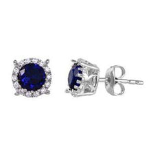 Load image into Gallery viewer, Sterling Silver Rhodium Plated Halo Studs With Blue CZ Stone Earrings