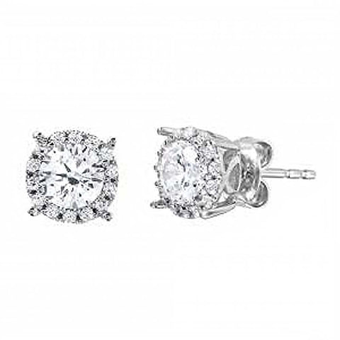 Sterling Silver Rhodium Plated Halo Studs With Clear CZ Stone Earrings