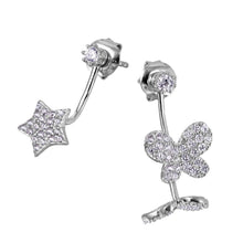 Load image into Gallery viewer, Sterling Silver Rhodium Plated Butterly and Star Hanging EarringsAnd Micro paved Clear CZ with Earring Dimensions of 20MMx8.5MM and Friction Back Post