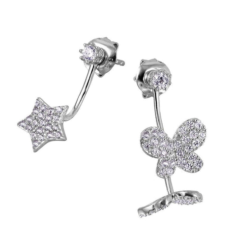 Sterling Silver Rhodium Plated Butterly and Star Hanging EarringsAnd Micro paved Clear CZ with Earring Dimensions of 20MMx8.5MM and Friction Back Post