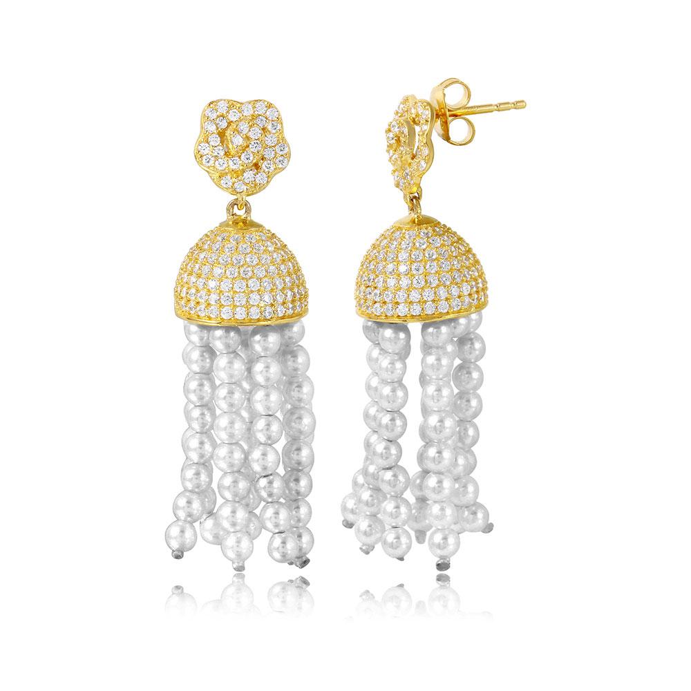 Sterling Silver Gold Plated Flower with Hanging CZ Dome And Synthetic Pearl .925 Strands Earrings
