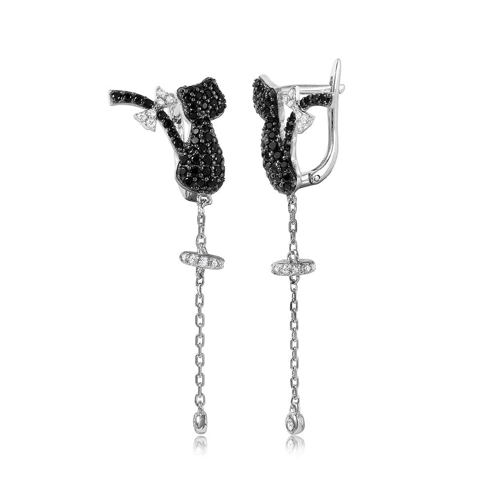 Sterling Silver Rhodium Plated Black CZ Cat With Hanging Tale Leverback Earrings