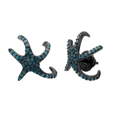 Sterling Silver Black Rhodium Plated Hugging CZ Starfish With Turquoise Stones Earrings