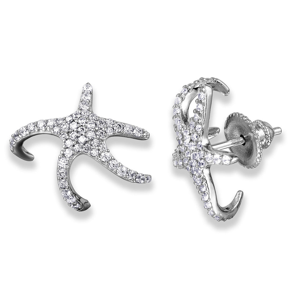 Sterling Silver Rhodium Plated Hugging CZ Starfish Earrings