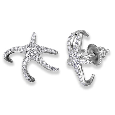 Sterling Silver Rhodium Plated Hugging CZ Starfish Earrings