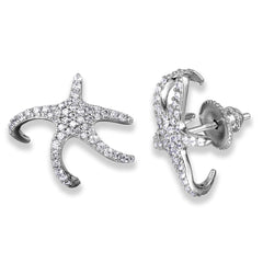 Sterling Silver Rhodium Plated Hugging CZ Starfish Earrings