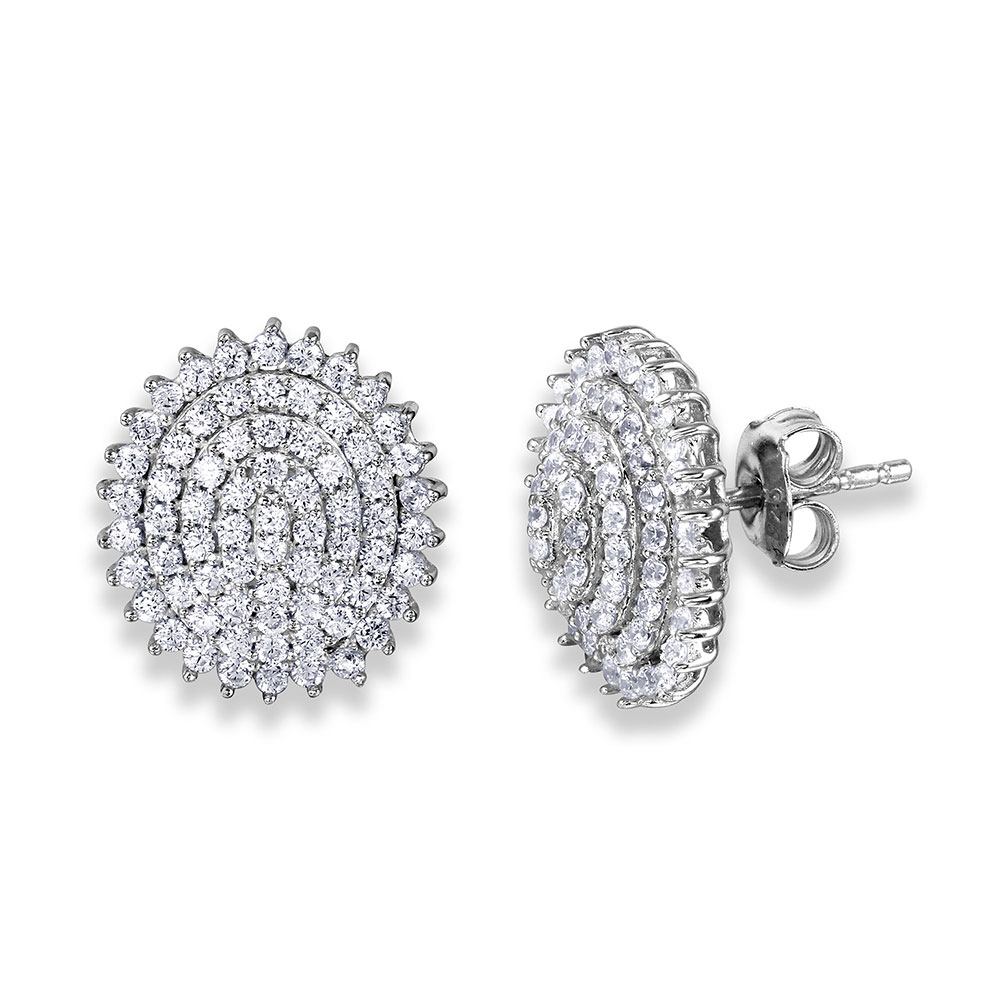 Sterling Silver Rhodium Plated Round Encrusted Layer Shaped Earring With CZ Stones