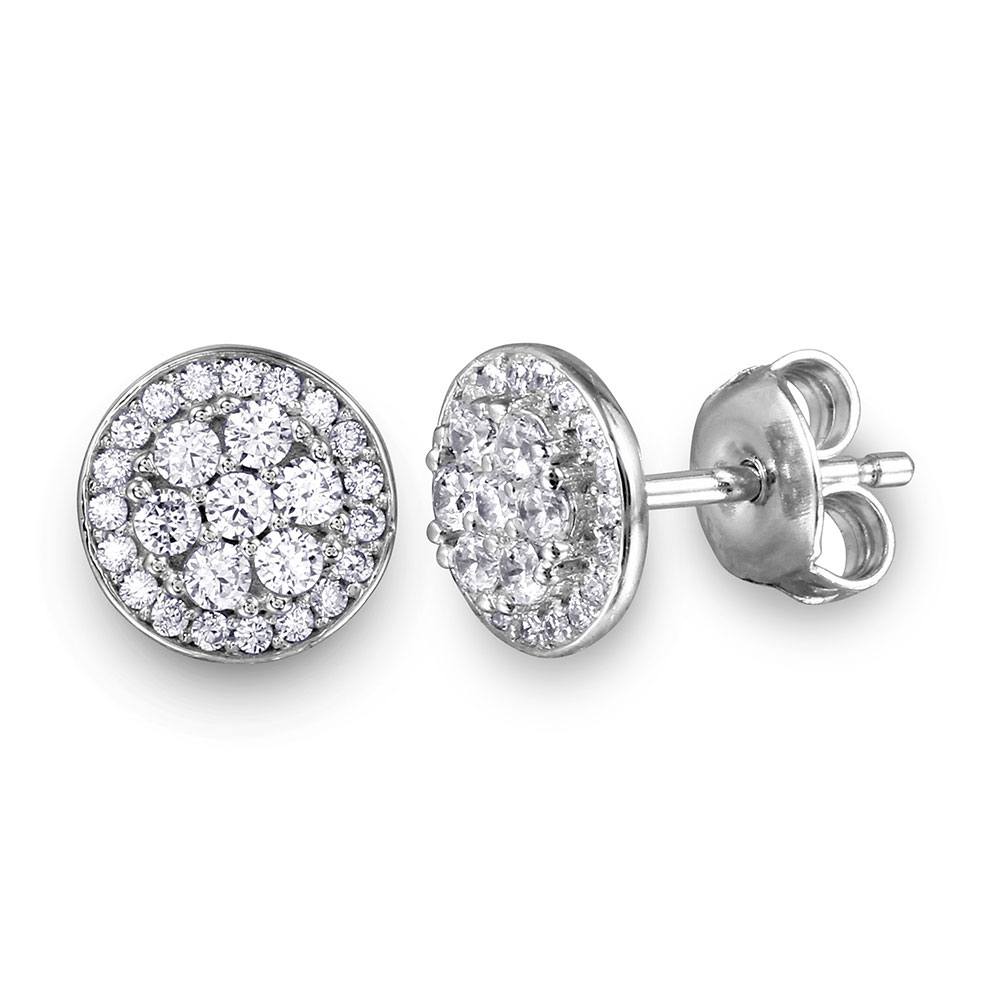 Sterling Silver Rhodium Plated Encrusted Double Layer Disc Shaped Stud Earrings With CZ Stones