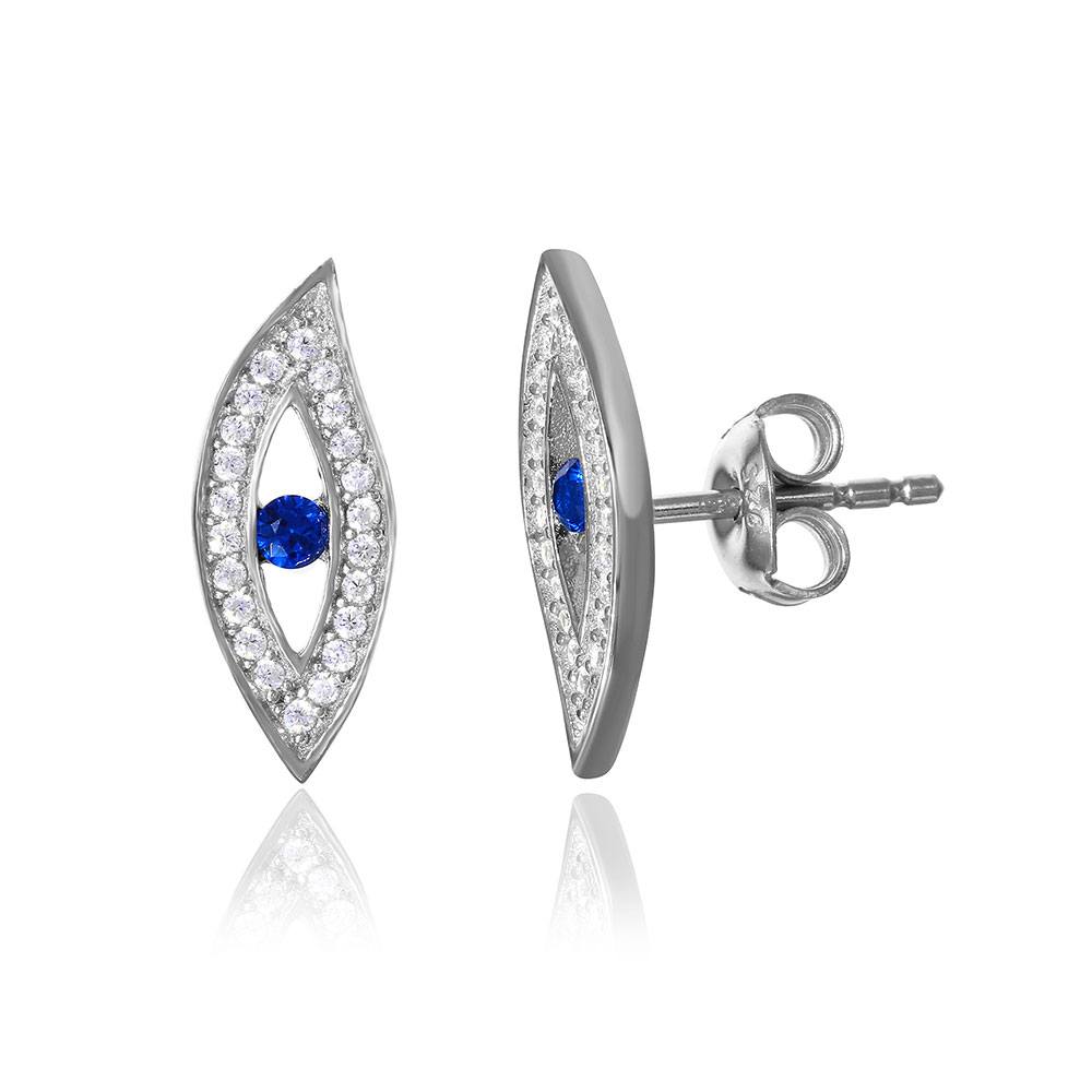 Sterling Silver Rhodium Plated Evil Eye Shaped Earring With Blue Center Stone
