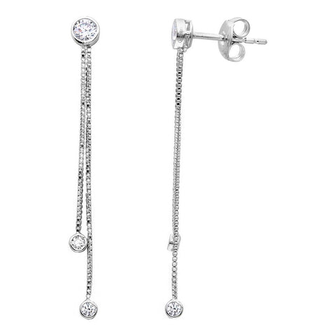 Sterling Silver Rhodium Plated  Box Chain With CZ Dangling Earrings