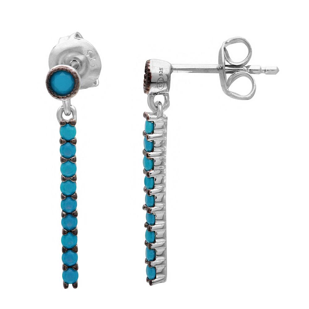 Sterling Silver Rhodium Plated Hanging Turquoise Line With Blue Enamel Earrings