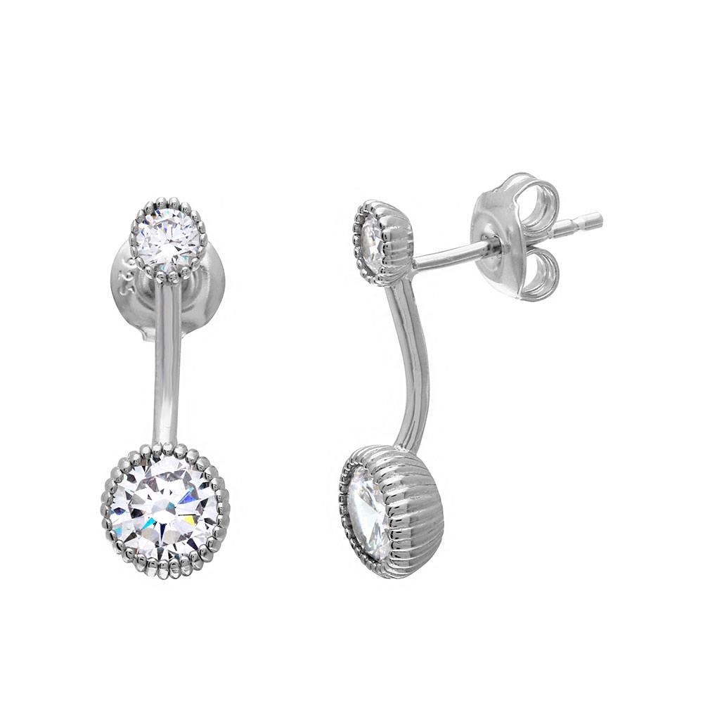 Sterling Silver Rhodium Plated Double CZ Drop Earrings