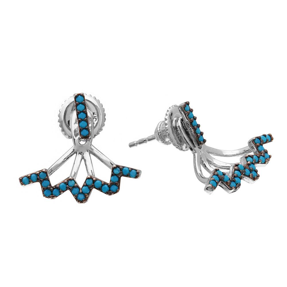 Sterling Silver Rhodium Plated Turquoise Bar Earrings With Hanging Zigzag Backing