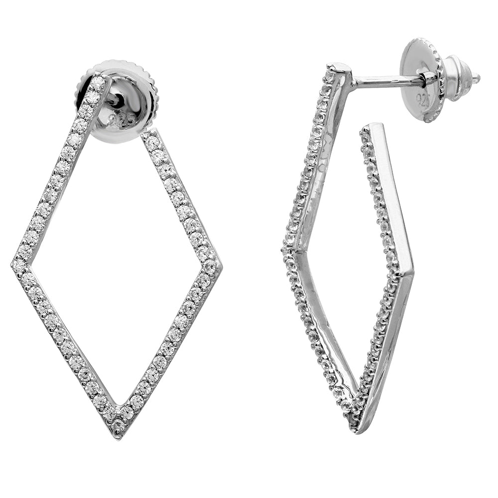Sterling Silver Nickel Free Rhodium Plated Open Diamond Shaped Earrings With CZ Stones