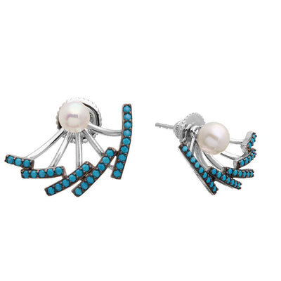 Sterling Silver Rhodium Plated Bar Hanging Turquoise Stones Earrings